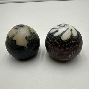 2 Signed Grant hand blown iridescent studio art glass pulled feather paperweight